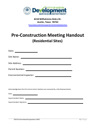 Document preview: Pre-construction Meeting Handout (Residential Sites) - City of Austin, Texas