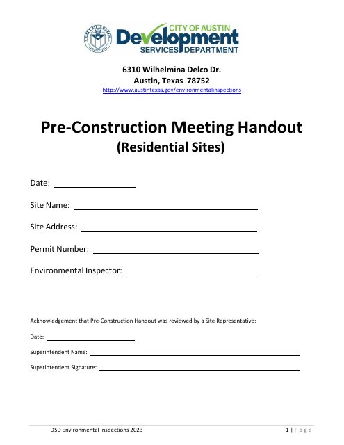 Pre-construction Meeting Handout (Residential Sites) - City of Austin, Texas