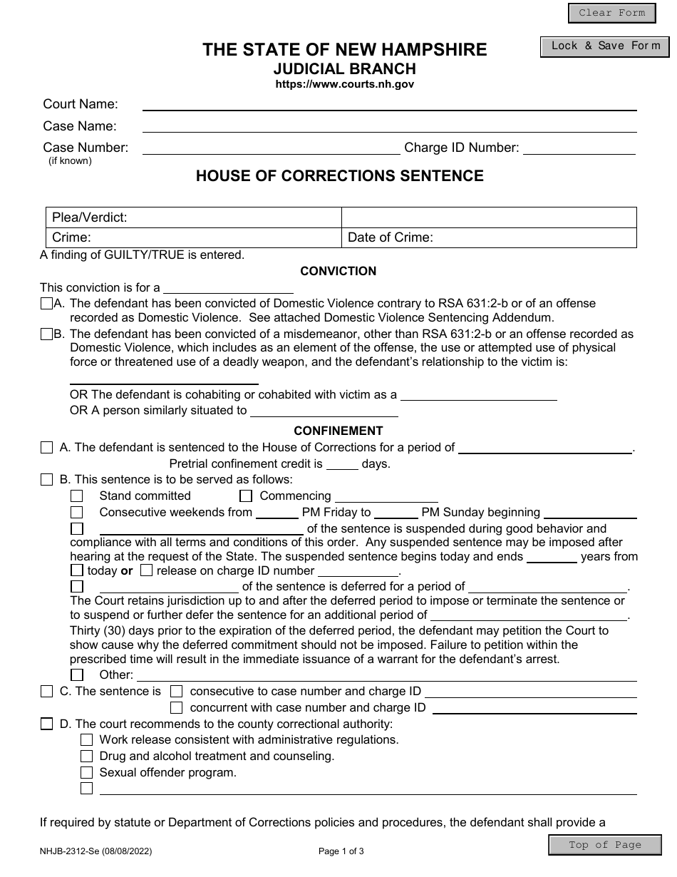 Form NHJB-2312-SE House of Corrections Sentence - New Hampshire, Page 1