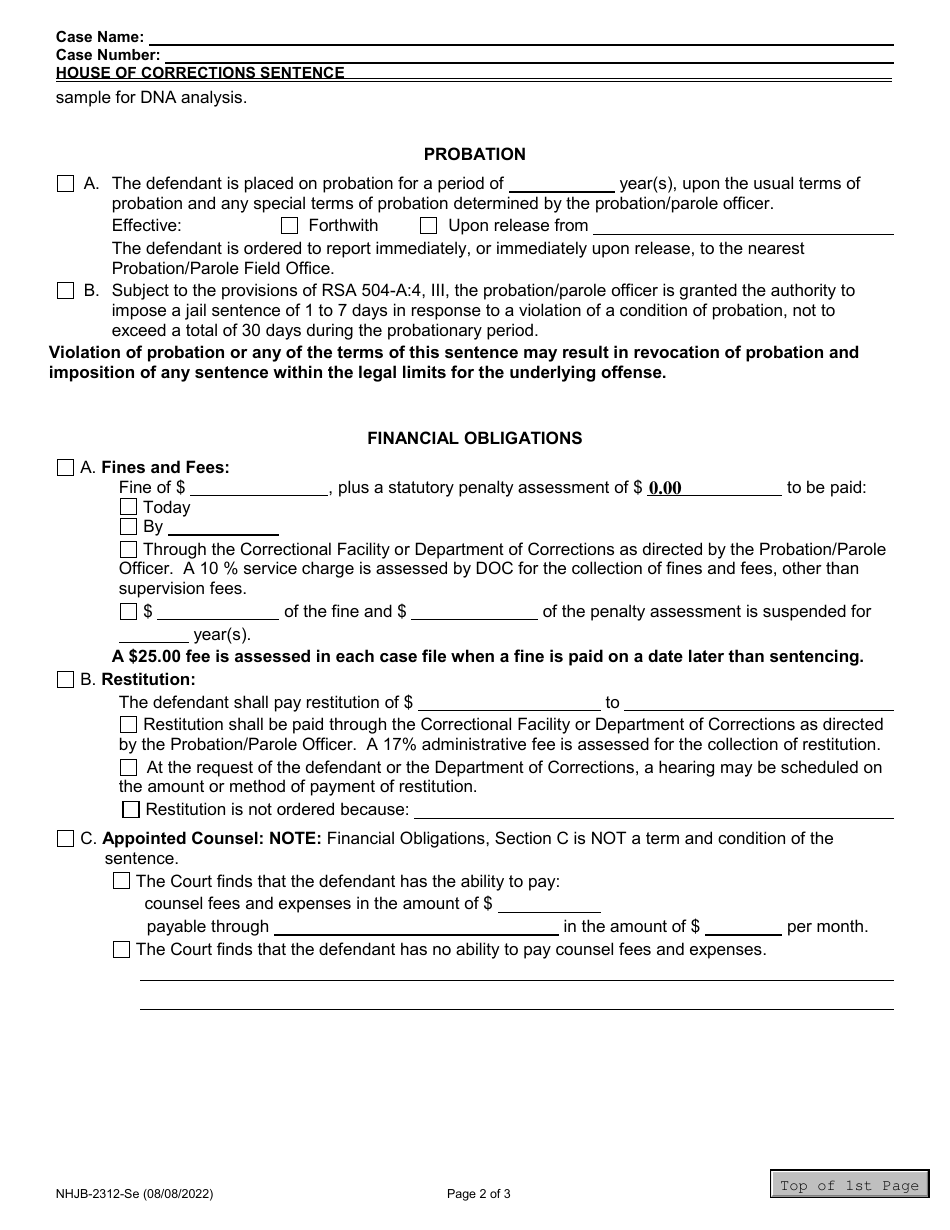 Form NHJB-2312-SE House of Corrections Sentence - New Hampshire, Page 2