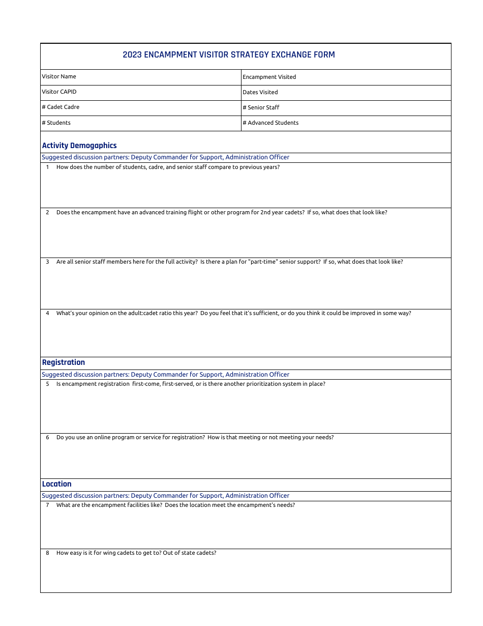 Encampment Visitor Strategy Exchange Form, Page 1