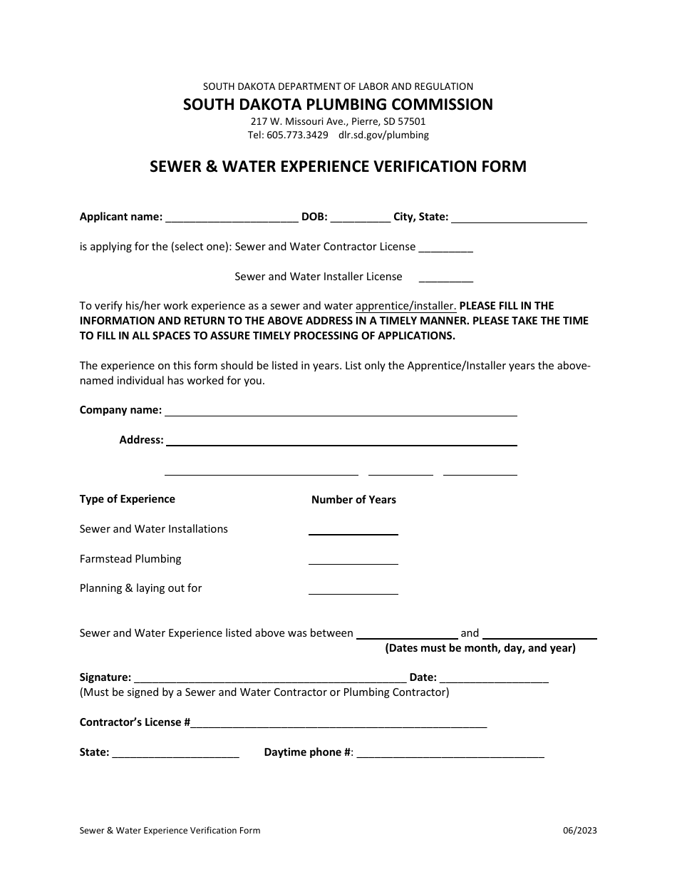 Sewer  Water Experience Verification Form - South Dakota, Page 1