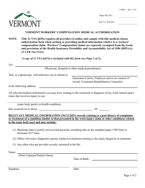 Form 7 Vermont Workers' Compensation Medical Authorization - Vermont