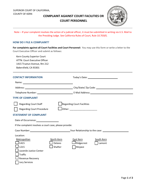 Complaint Against Court Facilities or Court Personnel - County of Kern, California Download Pdf