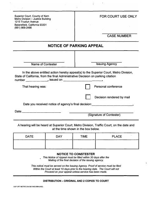 Form SUP CRT METRO DIV580 9425 584 Notice of Parking Appeal Form - County of Kern, California