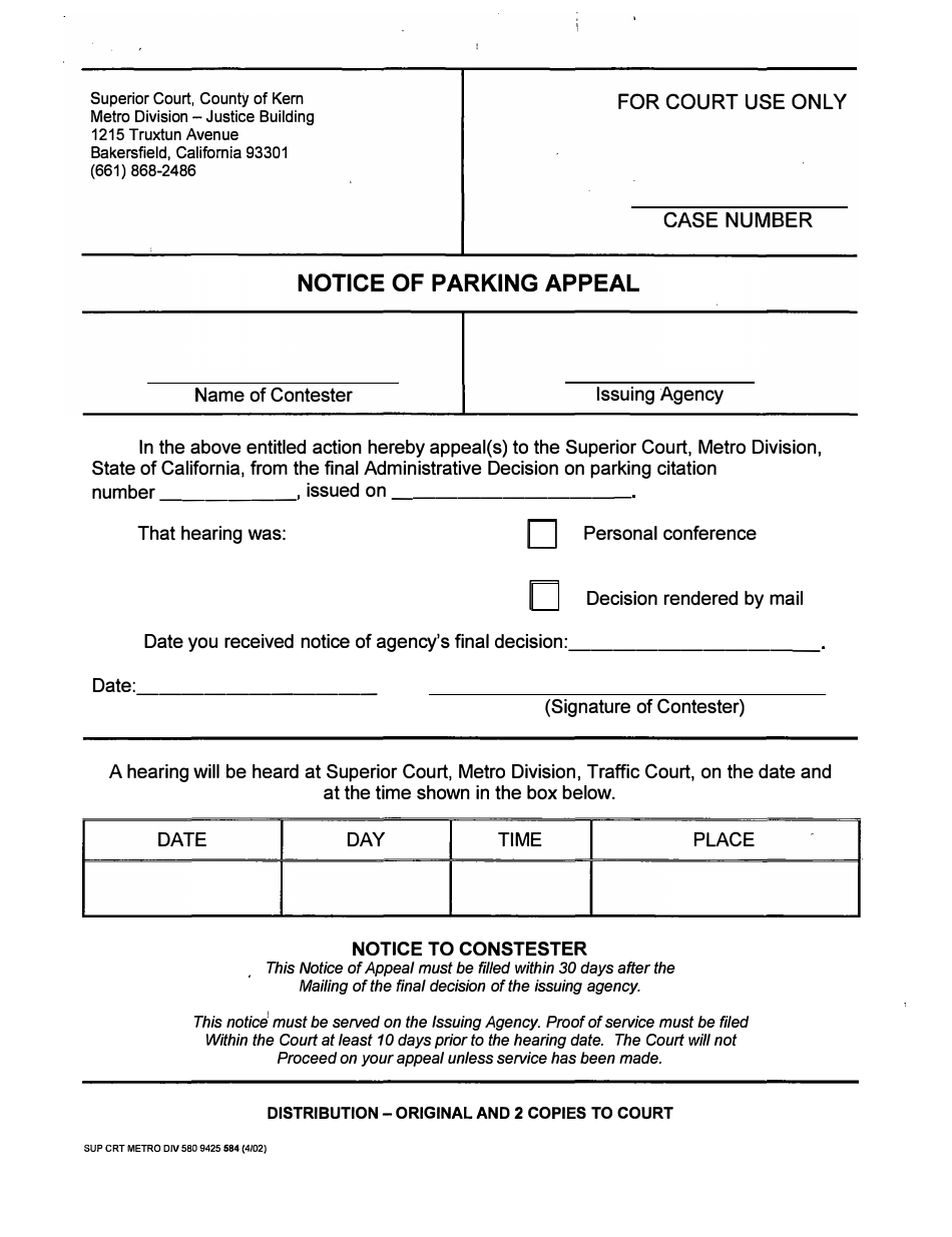 Form SUP CRT METRO DIV580 9425 584 Notice of Parking Appeal Form - County of Kern, California, Page 1