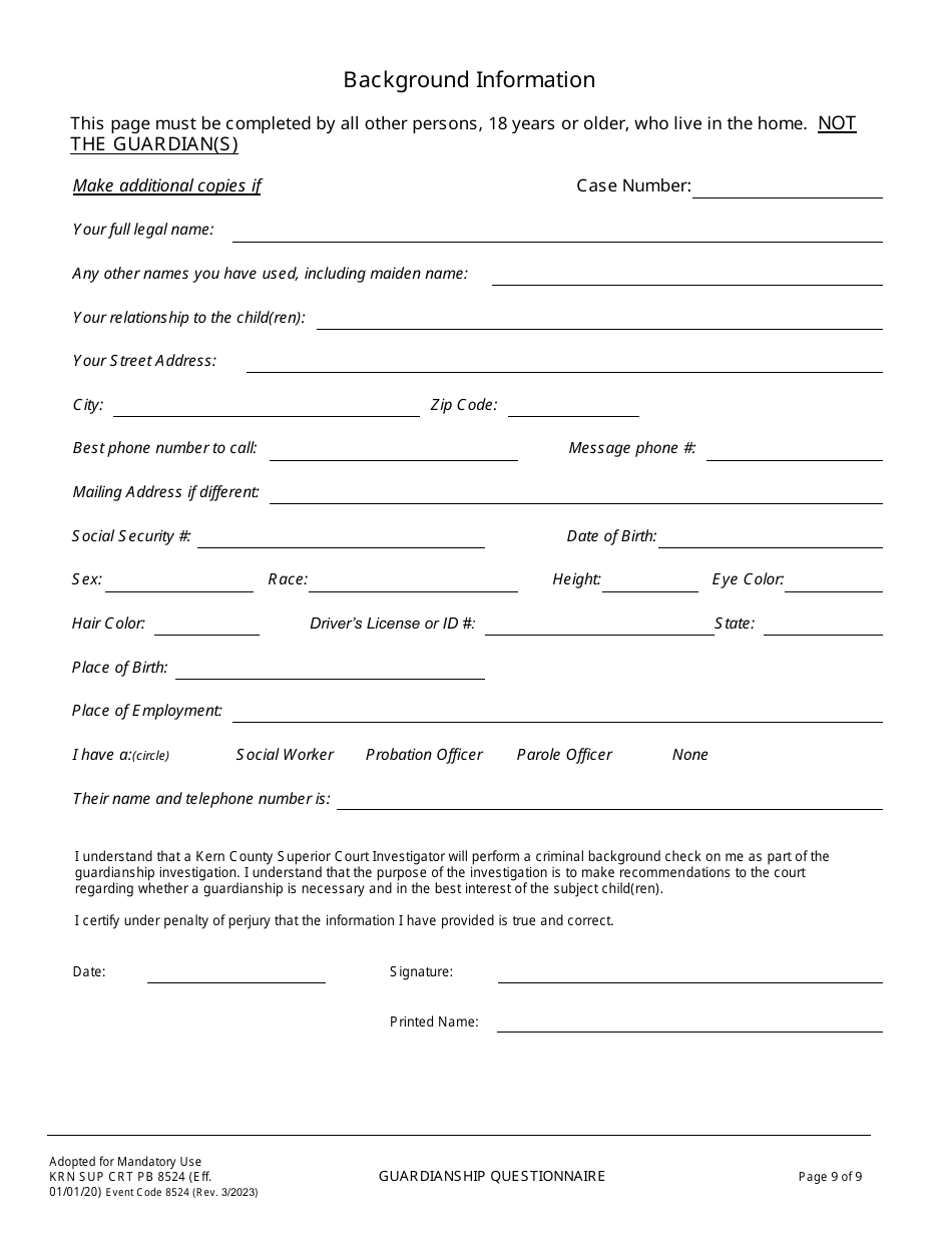Form KRN SUP CRT PB8524 Guardianship Questionnaire - County of Kern, California, Page 10