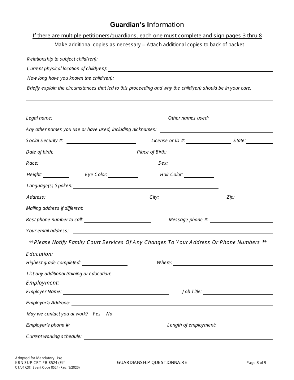 Form KRN SUP CRT PB8524 Guardianship Questionnaire - County of Kern, California, Page 4