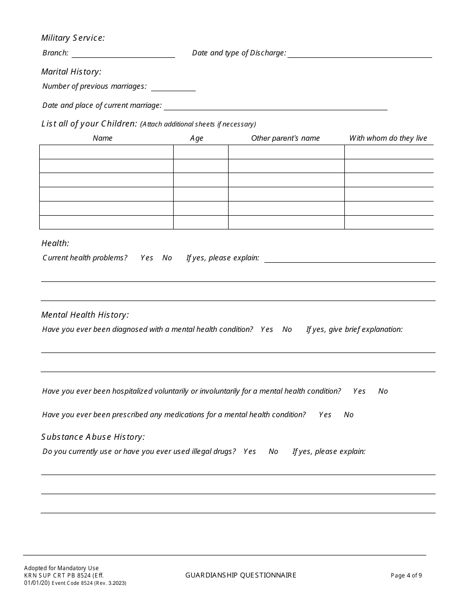 Form KRN SUP CRT PB8524 Guardianship Questionnaire - County of Kern, California, Page 5