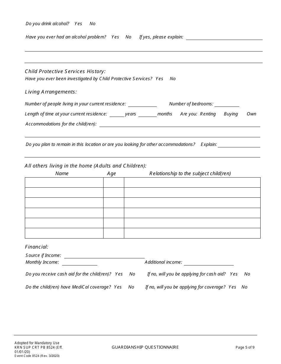 Form KRN SUP CRT PB8524 Guardianship Questionnaire - County of Kern, California, Page 6