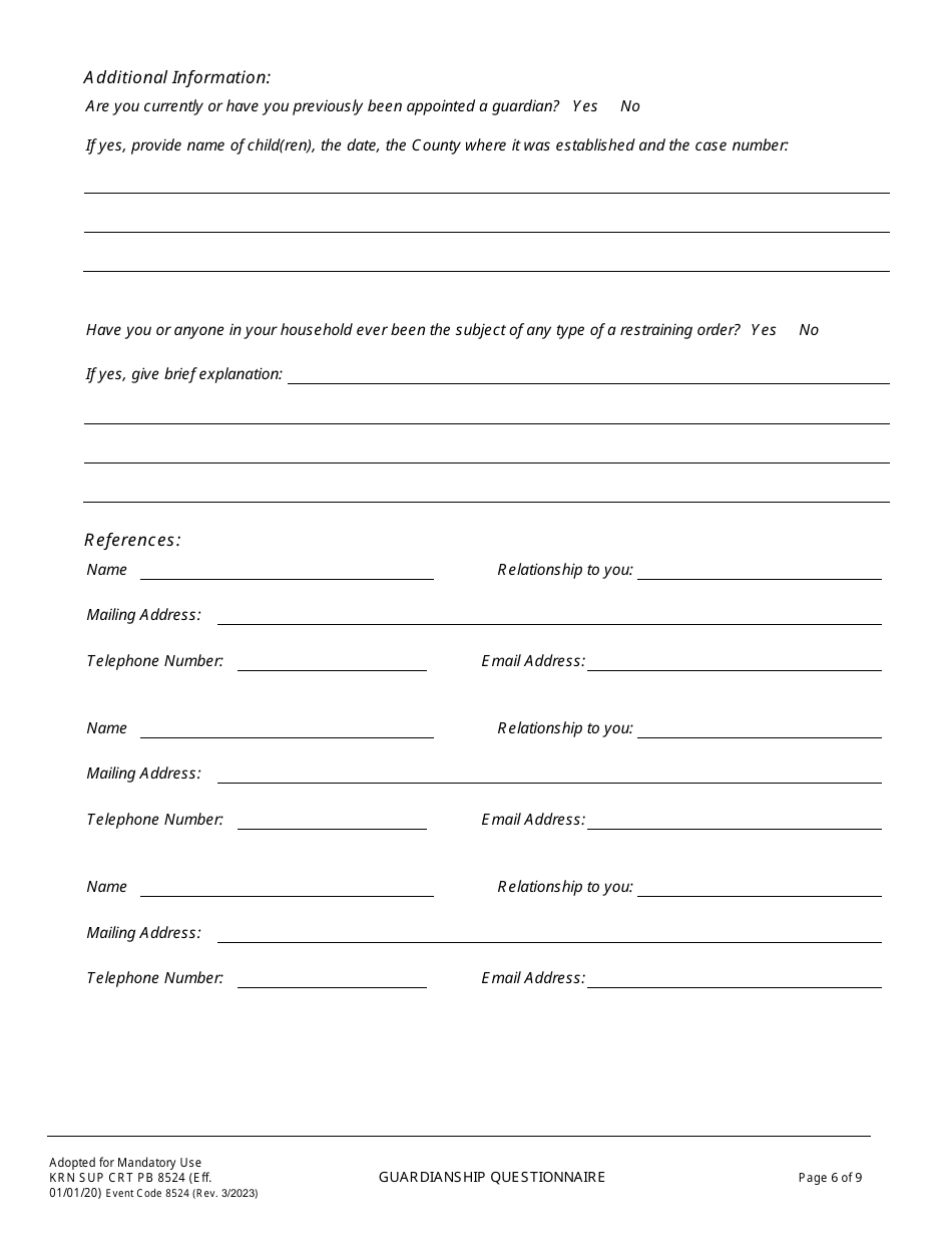 Form KRN SUP CRT PB8524 Guardianship Questionnaire - County of Kern, California, Page 7