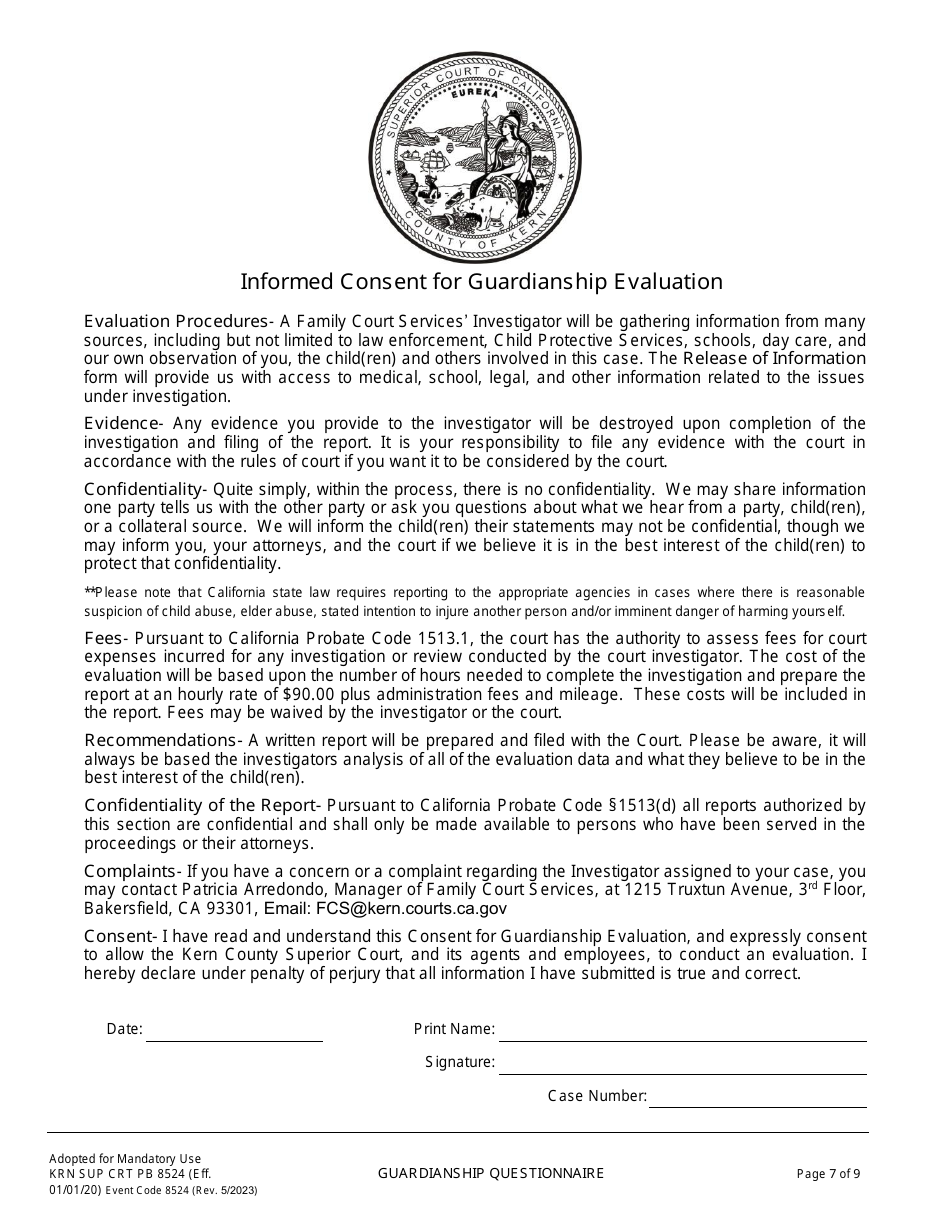 Form KRN SUP CRT PB8524 Guardianship Questionnaire - County of Kern, California, Page 8