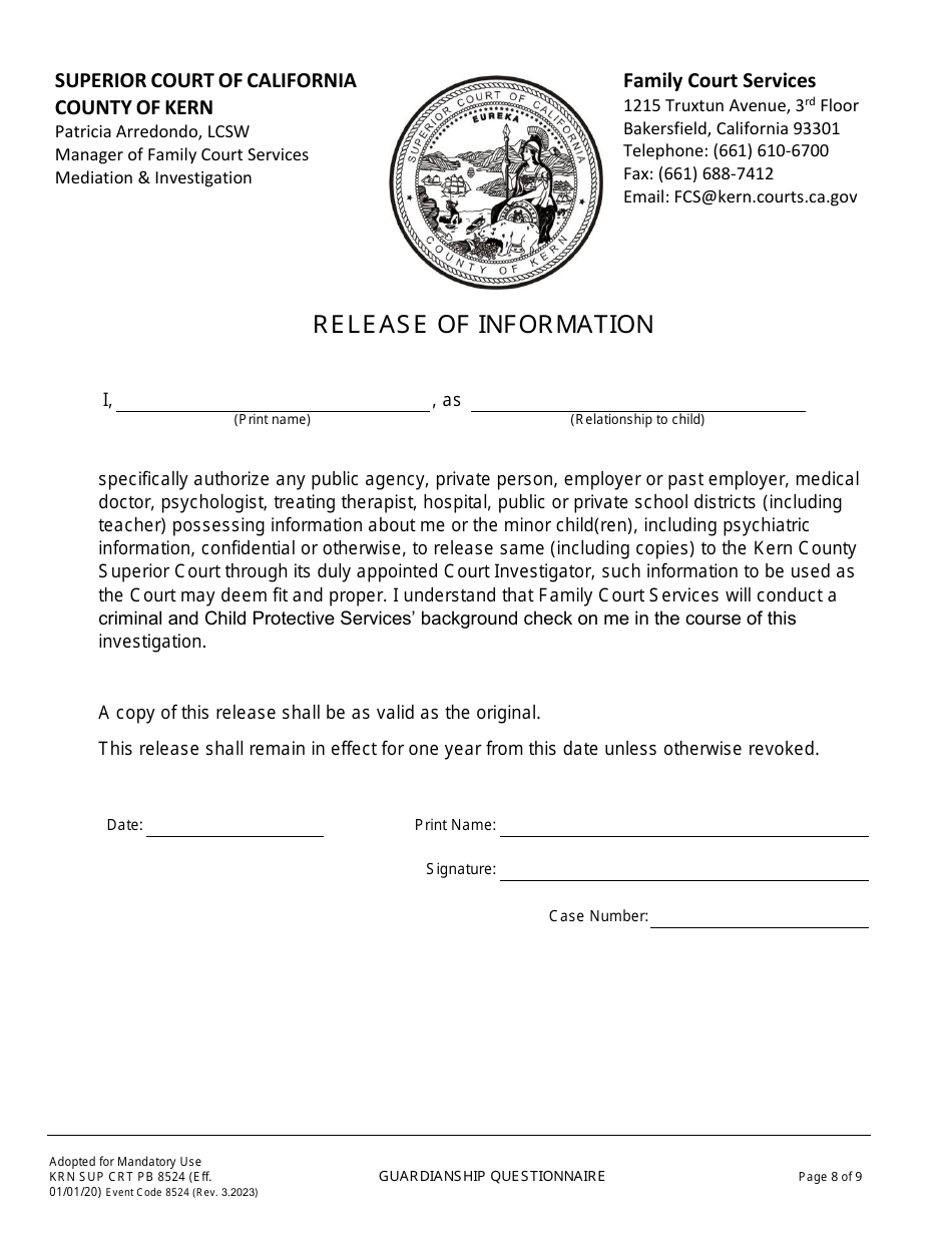 Form KRN SUP CRT PB8524 Guardianship Questionnaire - County of Kern, California, Page 9