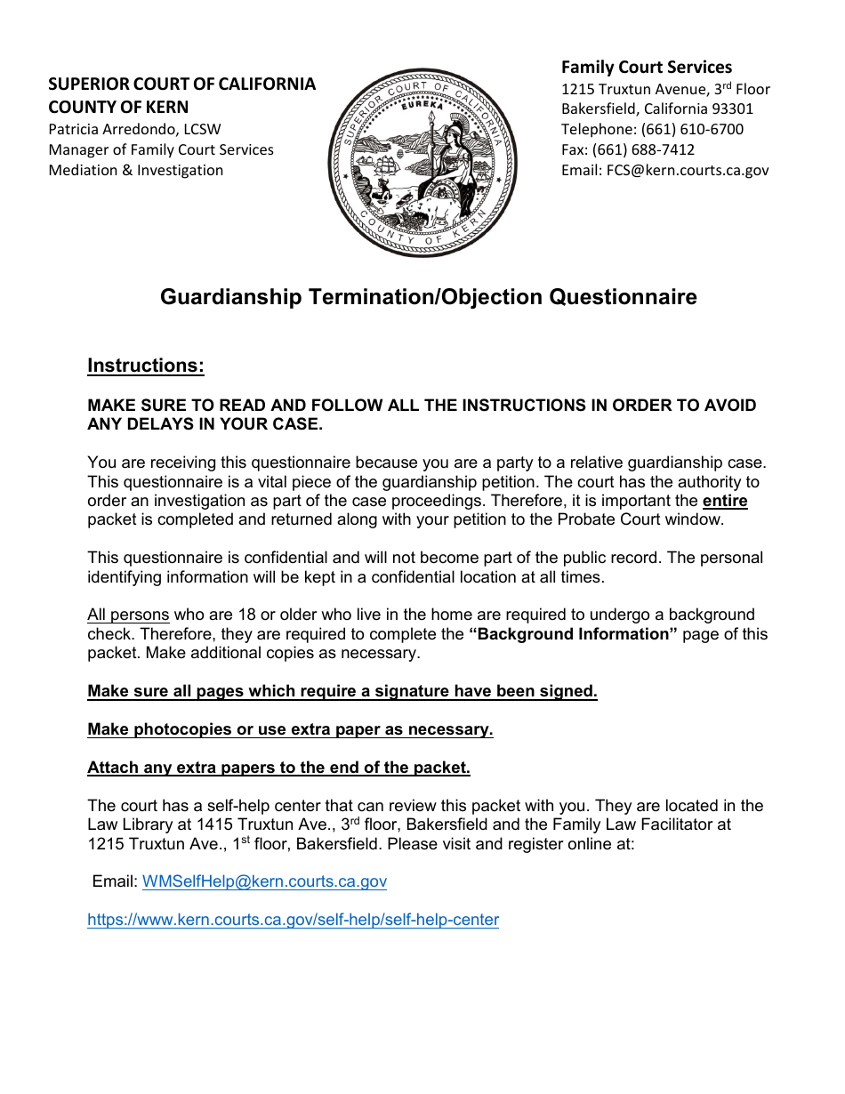 Form KRN SUP CRT PB8525 Guardianship Termination / Objection Questionnaire - County of Kern, California, Page 1
