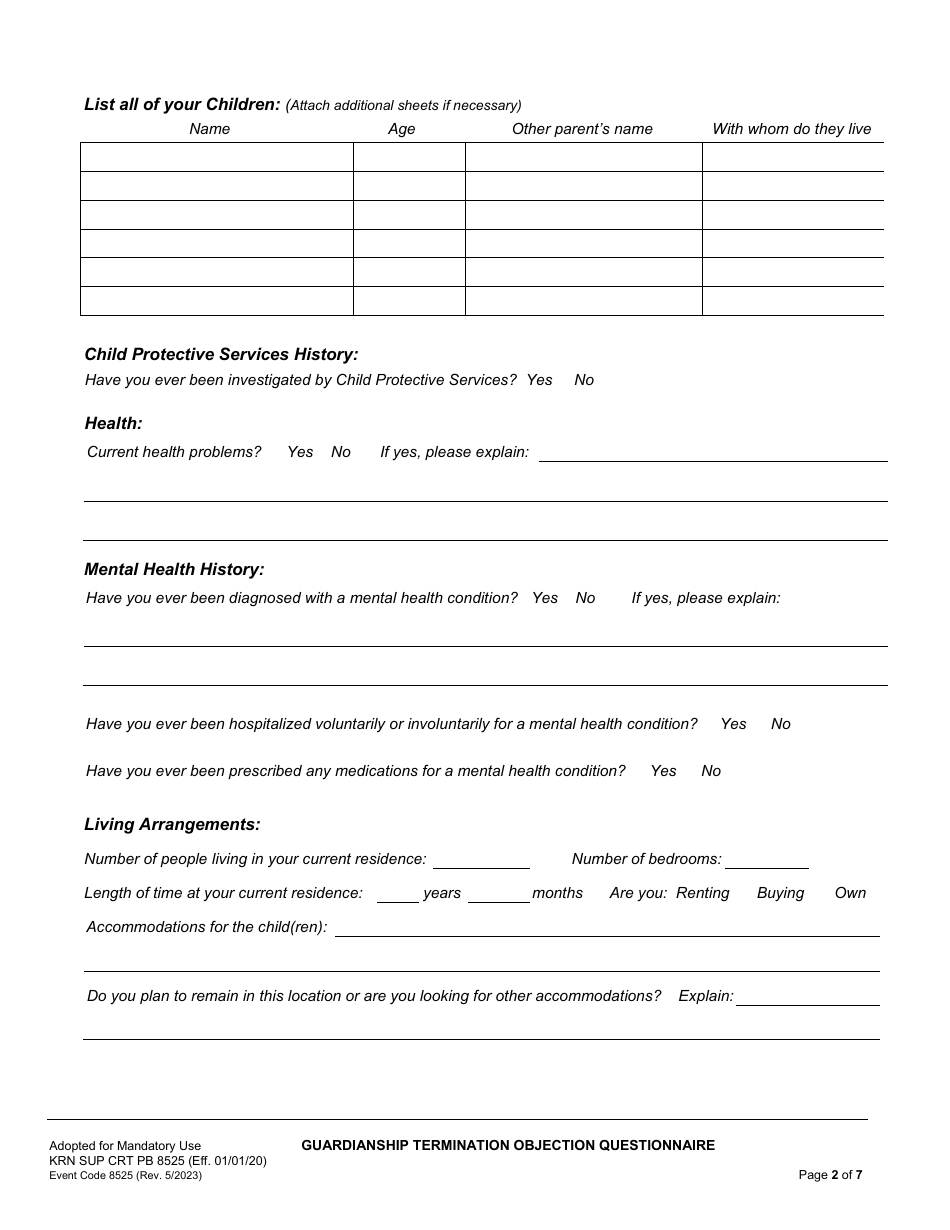 Form KRN SUP CRT PB8525 Guardianship Termination / Objection Questionnaire - County of Kern, California, Page 3