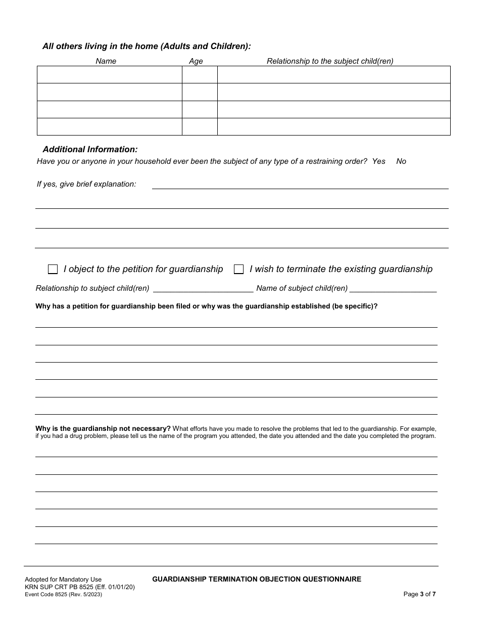 Form KRN SUP CRT PB8525 Guardianship Termination / Objection Questionnaire - County of Kern, California, Page 4