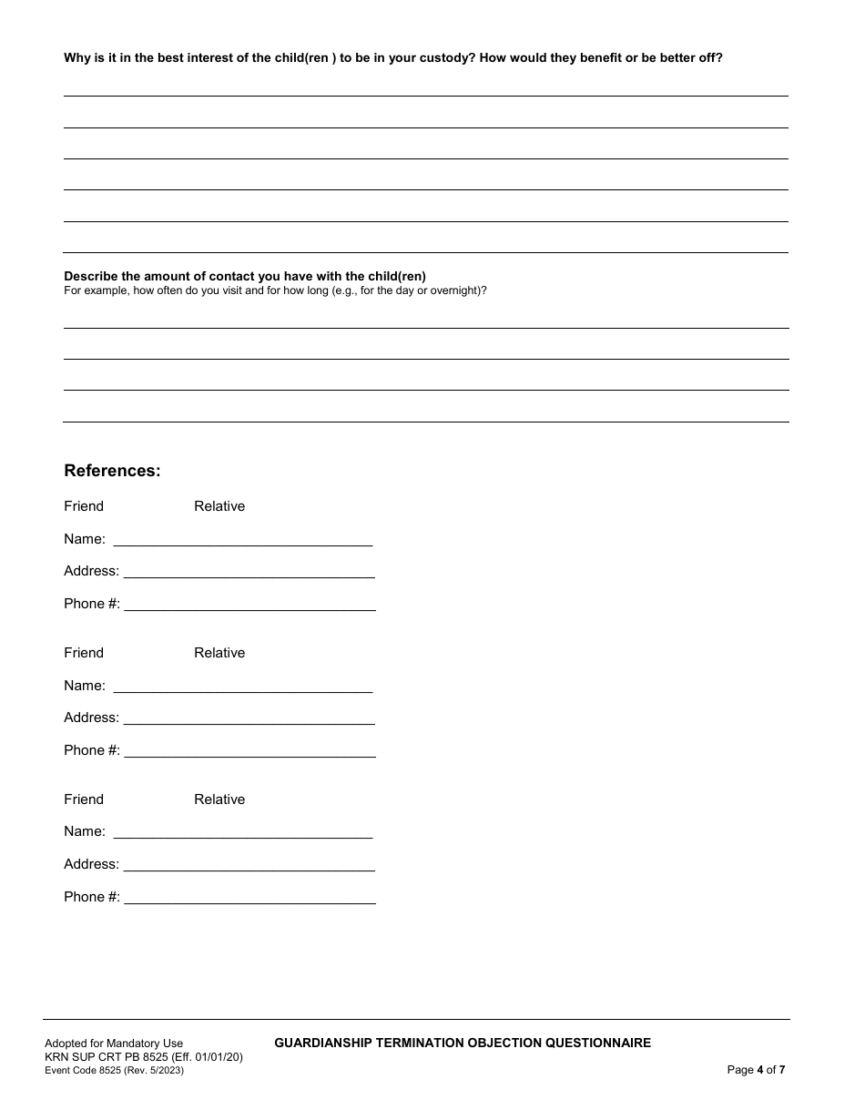 Form KRN SUP CRT PB8525 Guardianship Termination / Objection Questionnaire - County of Kern, California, Page 5