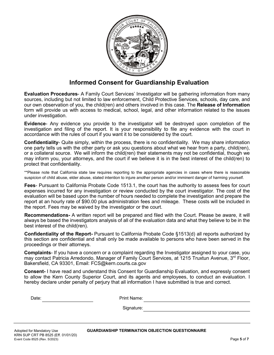 Form KRN SUP CRT PB8525 Guardianship Termination / Objection Questionnaire - County of Kern, California, Page 6