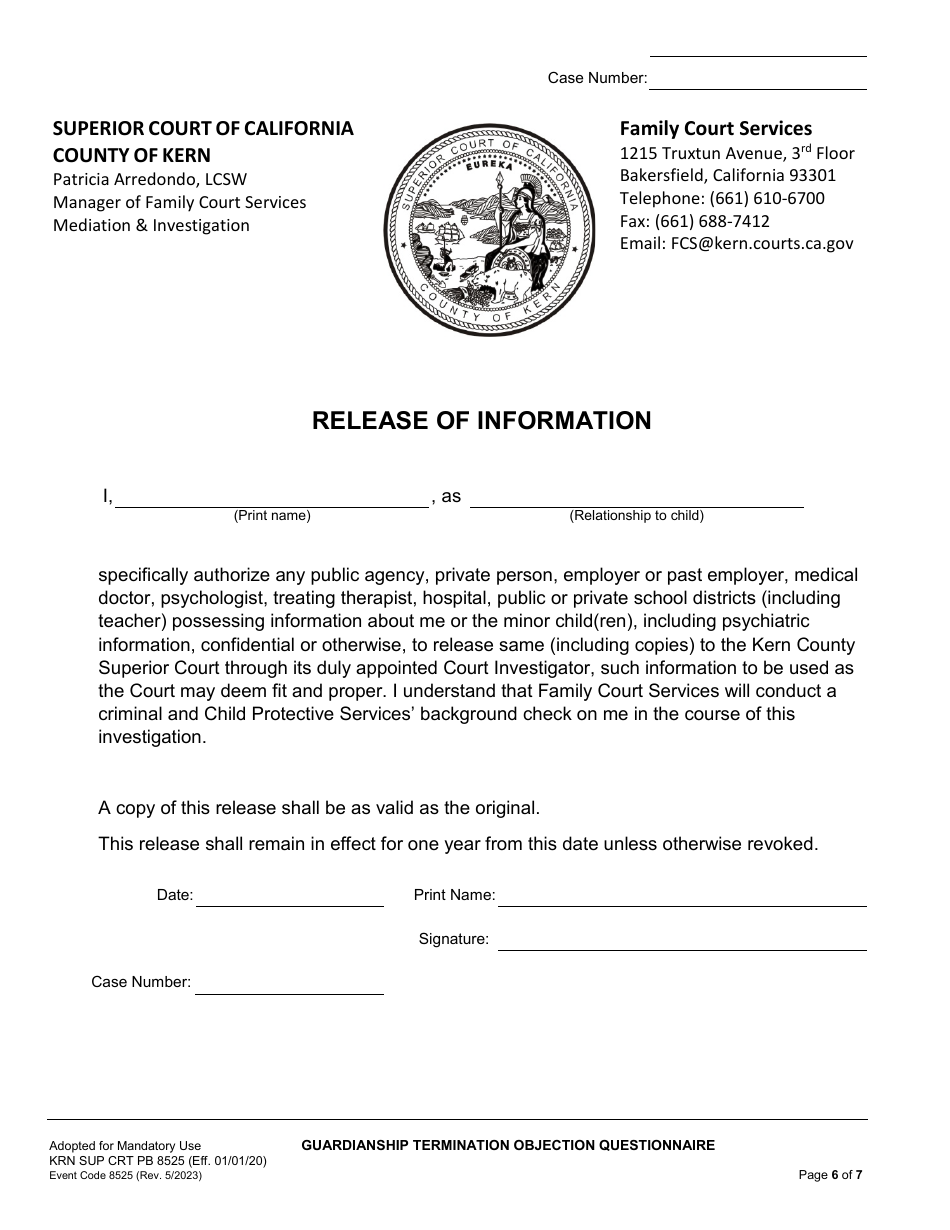 Form KRN SUP CRT PB8525 Guardianship Termination / Objection Questionnaire - County of Kern, California, Page 7