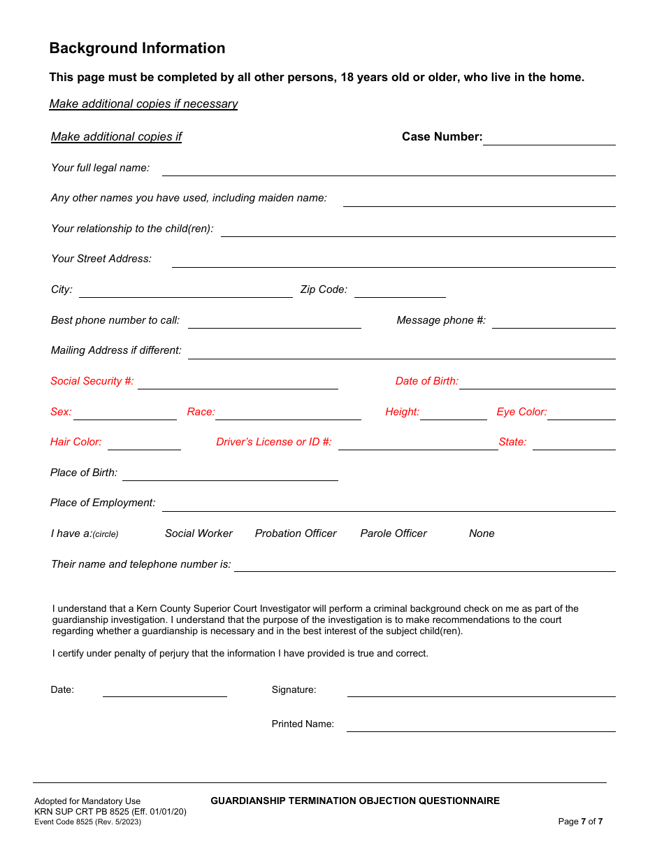 Form KRN SUP CRT PB8525 Guardianship Termination / Objection Questionnaire - County of Kern, California, Page 8