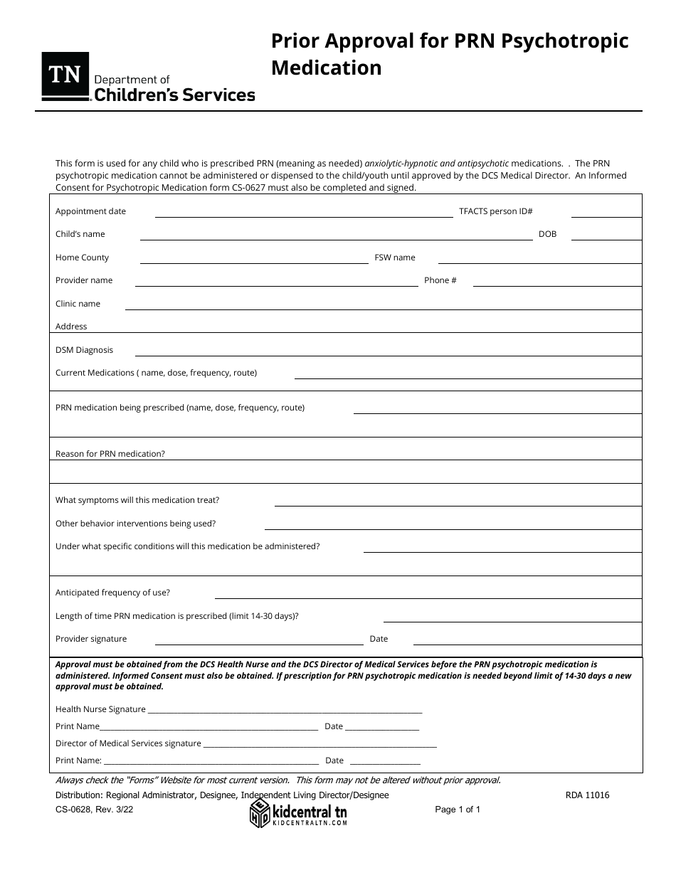 Form CS-0628 Prior Approval for Prn Psychotropic Medication - Tennessee, Page 1