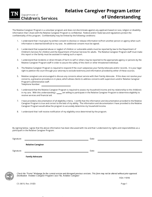 Form CS-0619 Relative Caregiver Program Letter of Understanding - Tennessee