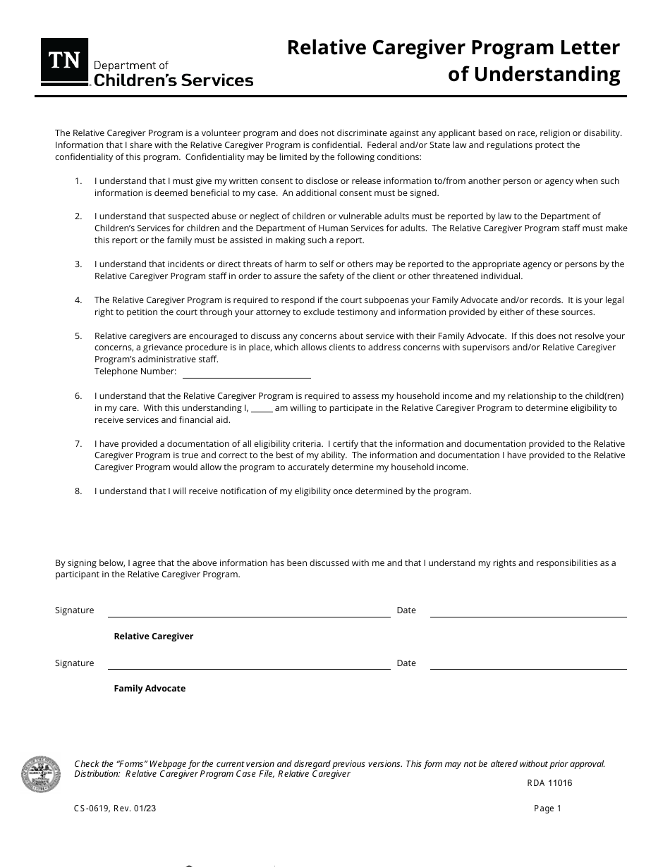 Form CS-0619 Relative Caregiver Program Letter of Understanding - Tennessee, Page 1