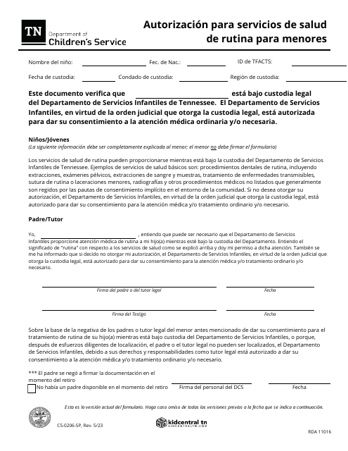 Formulario CS-0206-SP Autorizacion Para Servicios De Salud De Rutina Para Menores - Tennessee (Spanish)