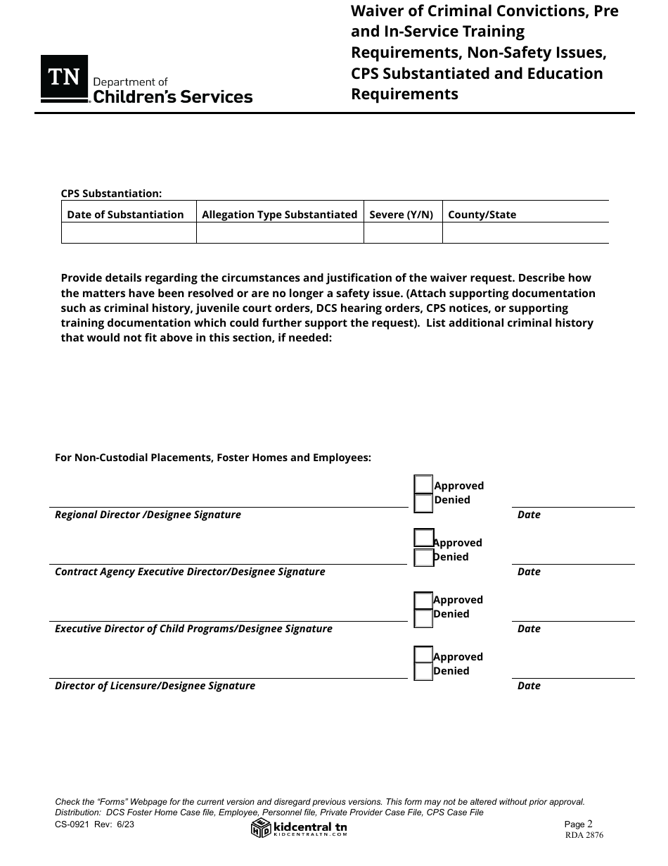 Form CS-0921 Waiver of Criminal Convictions, Pre and In-Service Training Requirements, Non-safety Issues, Cps Substantiated and Education Requirements - Tennessee, Page 2
