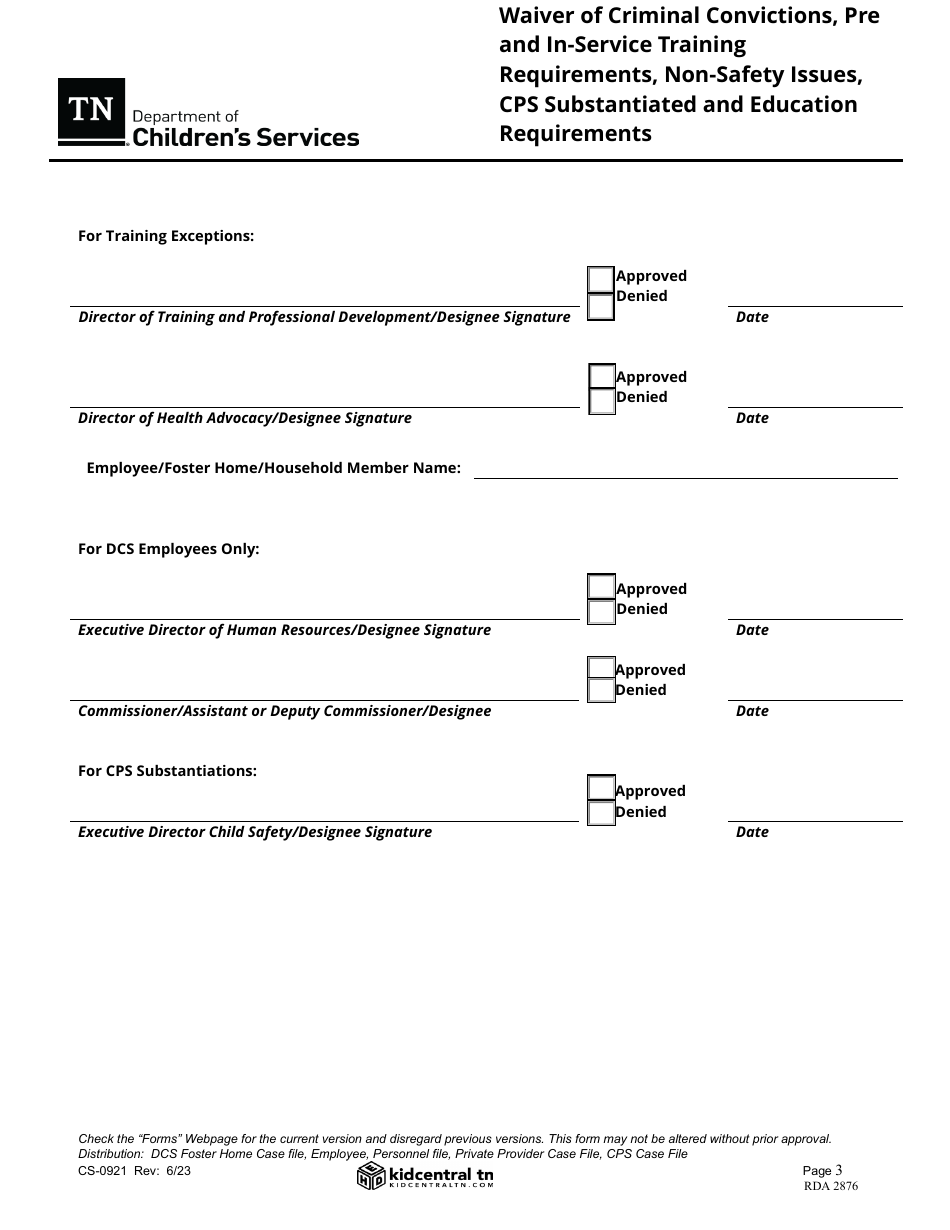 Form CS-0921 Waiver of Criminal Convictions, Pre and In-Service Training Requirements, Non-safety Issues, Cps Substantiated and Education Requirements - Tennessee, Page 3