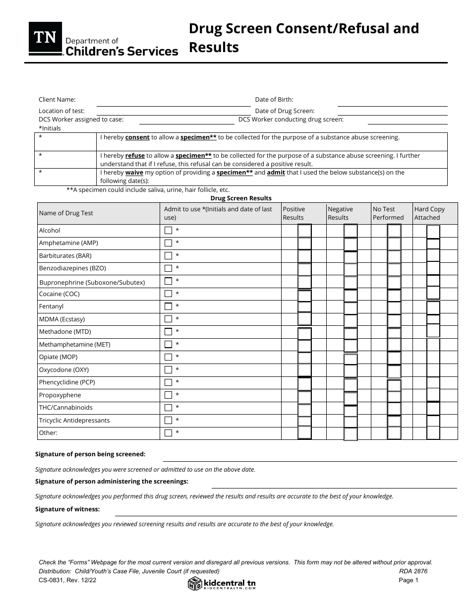 Form CS-0831 Drug Screen Consent / Refusal and Results - Tennessee, Page 1