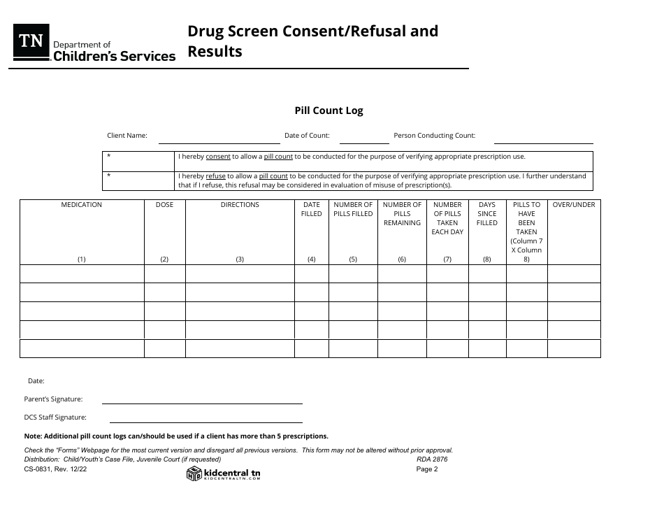 Form CS-0831 Drug Screen Consent / Refusal and Results - Tennessee, Page 2
