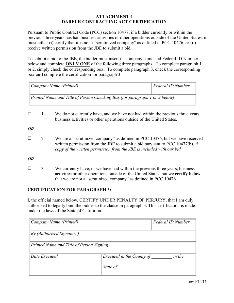 Attachment 4 Darfur Contracting Act Certification - County of Kern, California, Page 1