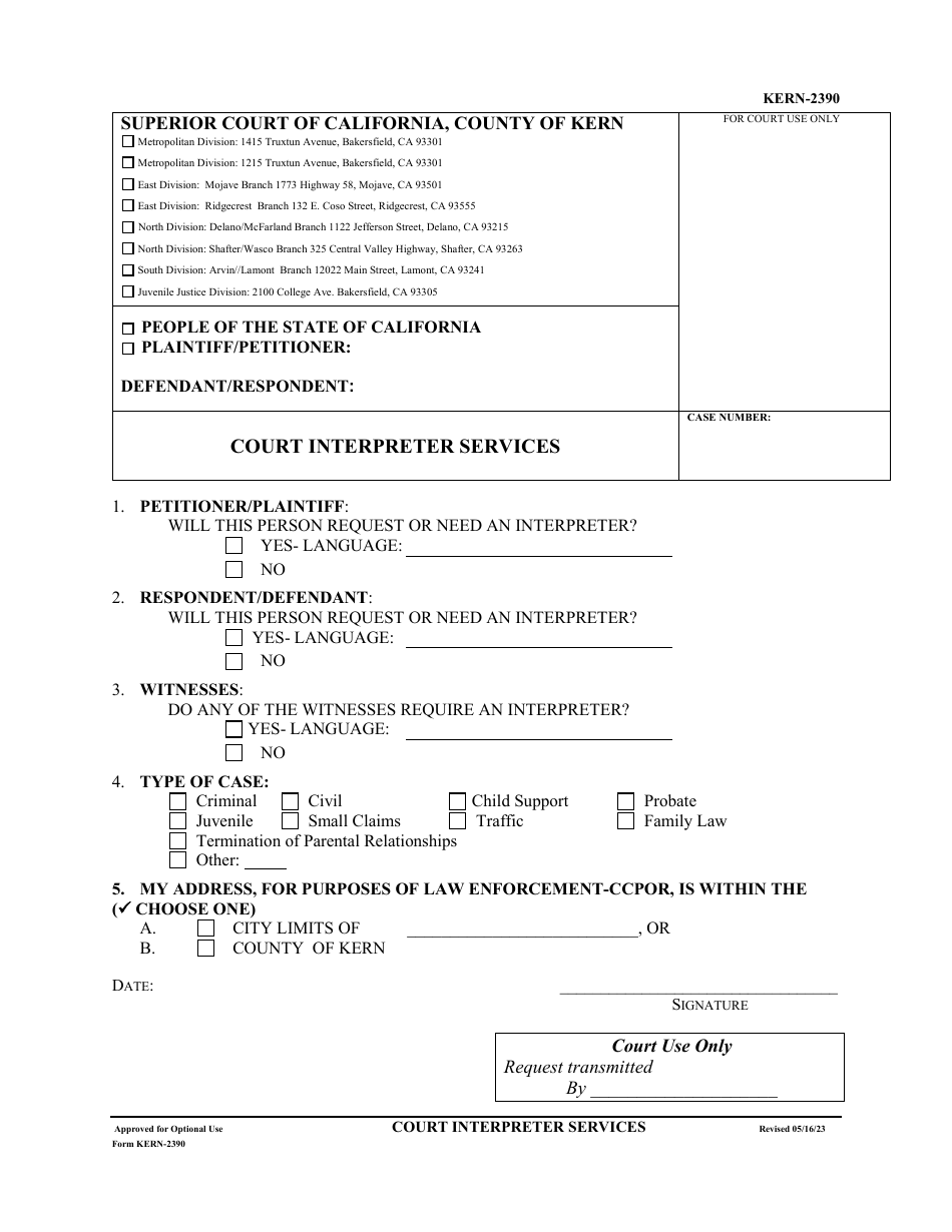 Form KERN-2390 Court Interpreter Services - County of Kern, California, Page 1