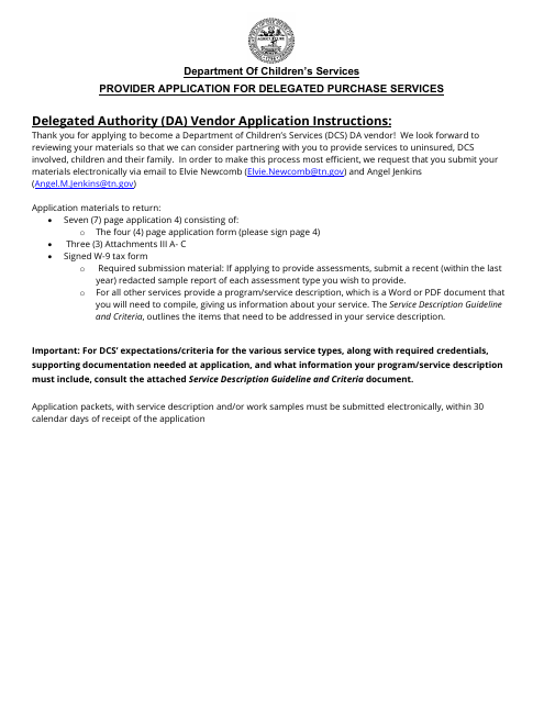 Delegated Authority (DA) Vendor Application - Tennessee