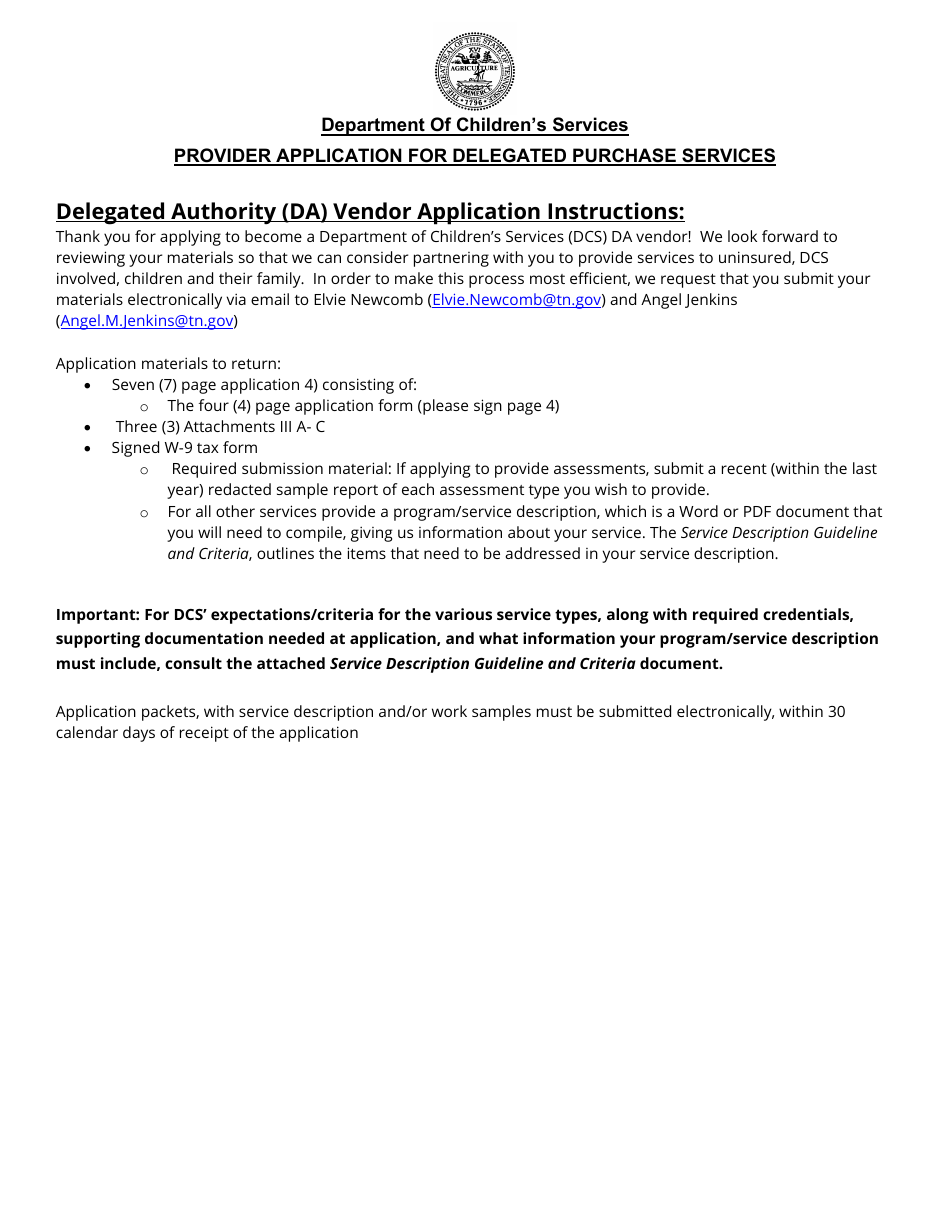 Delegated Authority (DA) Vendor Application - Tennessee, Page 1
