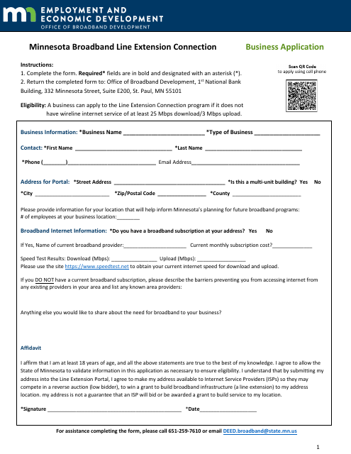 Minnesota Broadband Line Extension Connection Business Application - Minnesota Download Pdf