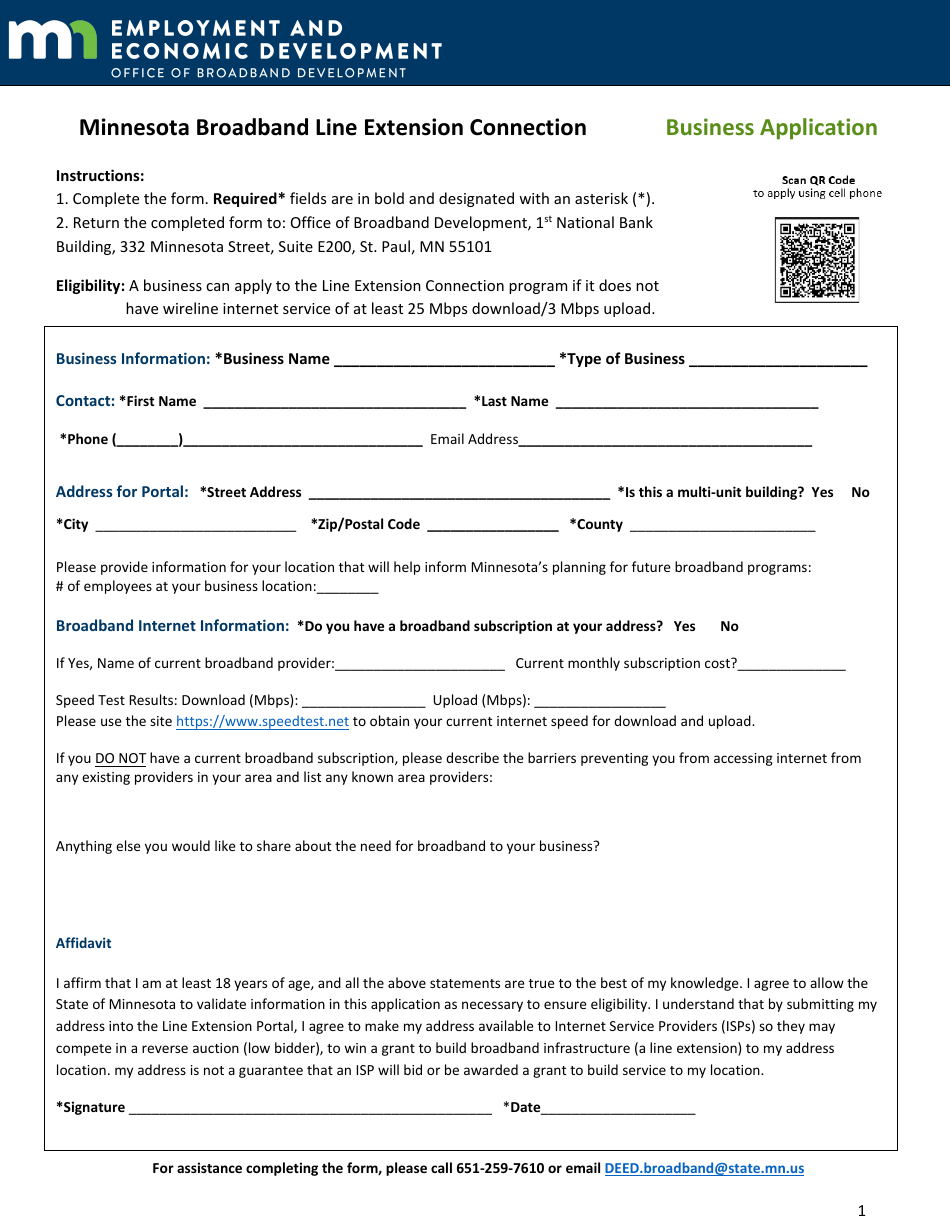 Minnesota Broadband Line Extension Connection Business Application - Minnesota, Page 1