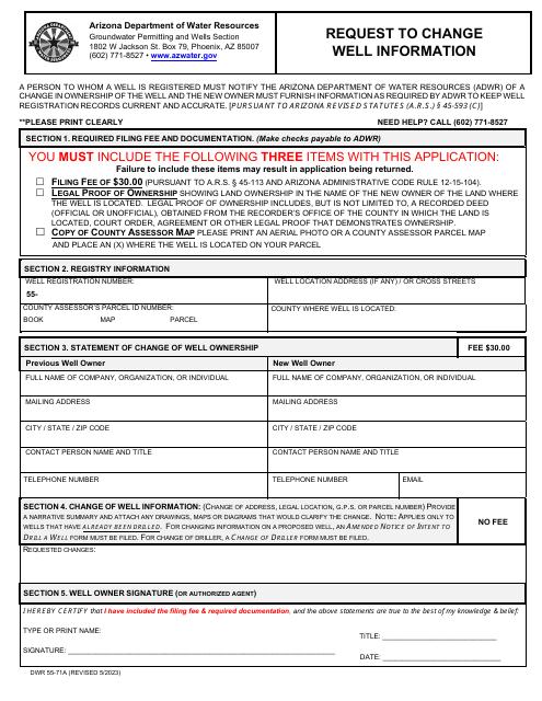 Form DWR55-71A Request to Change Well Information - Arizona