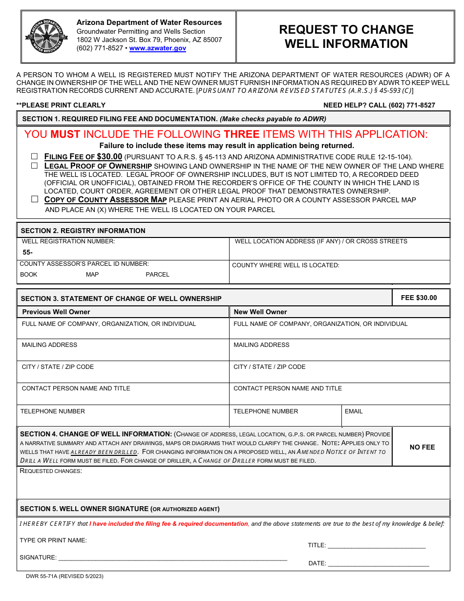 Form DWR55-71A Request to Change Well Information - Arizona, Page 1