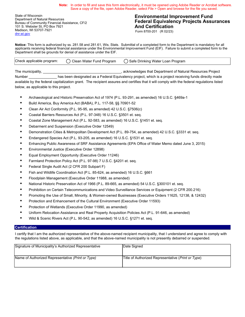 Form 8700-201 Environmental Improvement Fund Federal Equivalency Projects Assurances and Certification - Wisconsin, Page 1