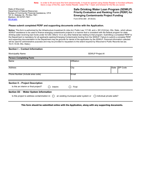 Form 8700-399 Safe Drinking Water Loan Program (Sdwlp) Priority Evaluation and Ranking Form (Perf) for Emerging Contaminants Project Funding - Wisconsin