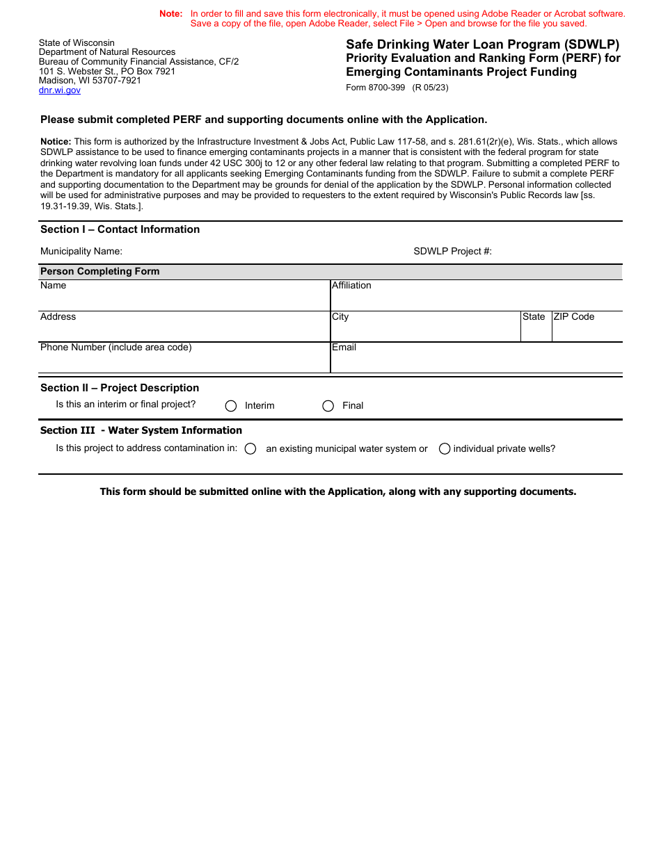 Form 8700-399 Safe Drinking Water Loan Program (Sdwlp) Priority Evaluation and Ranking Form (Perf) for Emerging Contaminants Project Funding - Wisconsin, Page 1