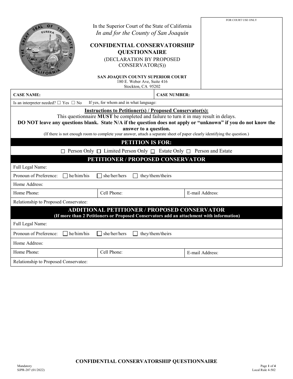 Form SJPR-207 Confidential Conservatorship Questionnaire - San Joaquin, California, Page 1