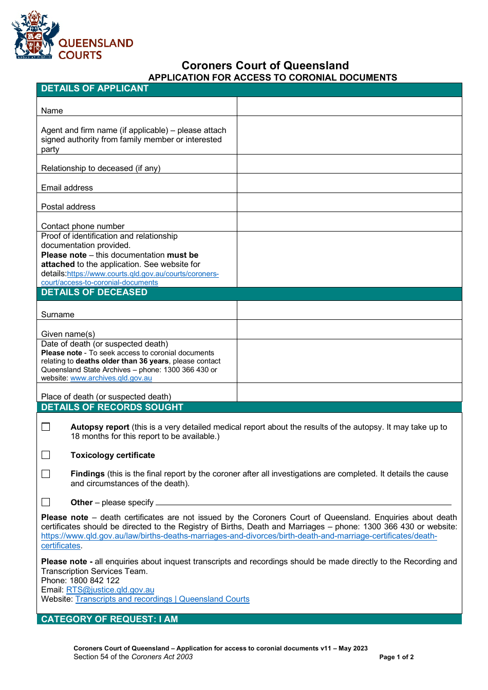 Application for Access to Coronial Documents - Queensland, Australia, Page 1