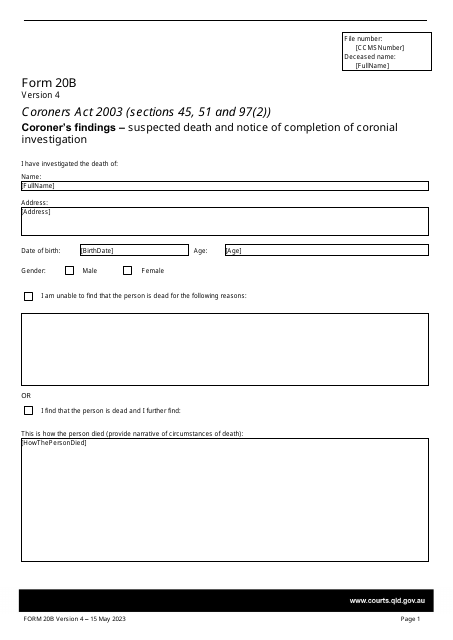Form 20B Coroner's Findings - Suspected Death and Notice of Completion of Coronial Investigation - Queensland, Australia