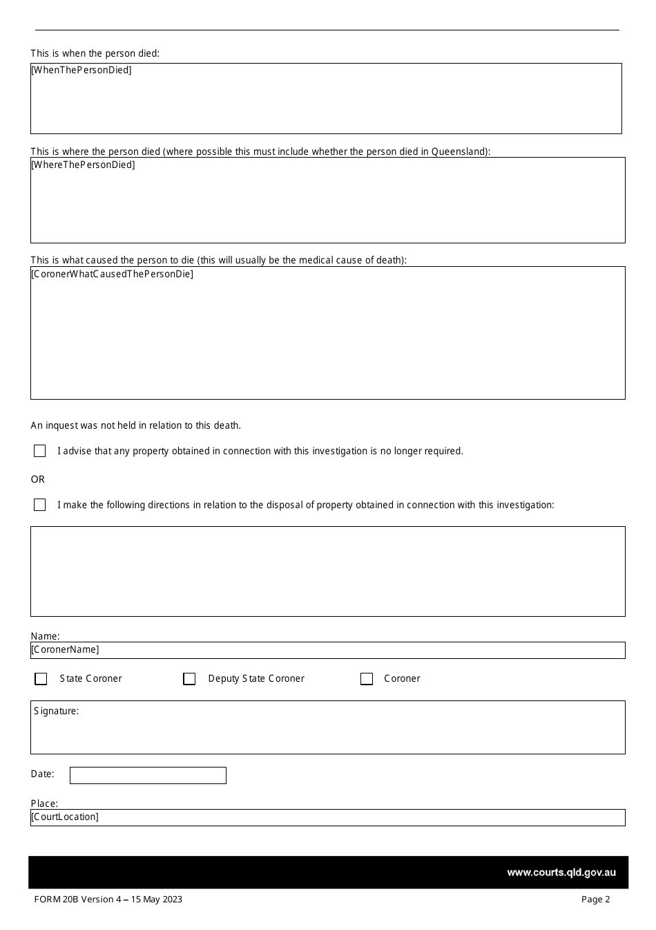 Form 20B Coroners Findings - Suspected Death and Notice of Completion of Coronial Investigation - Queensland, Australia, Page 2