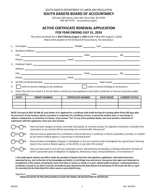 Form BOA28 Active Certificate Renewal Application - South Dakota, 2024