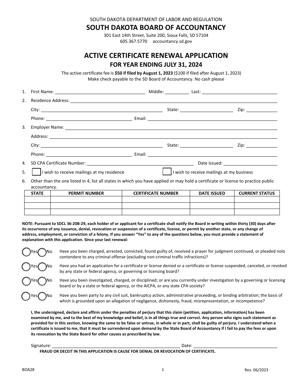 Form BOA28 Active Certificate Renewal Application - South Dakota, Page 1
