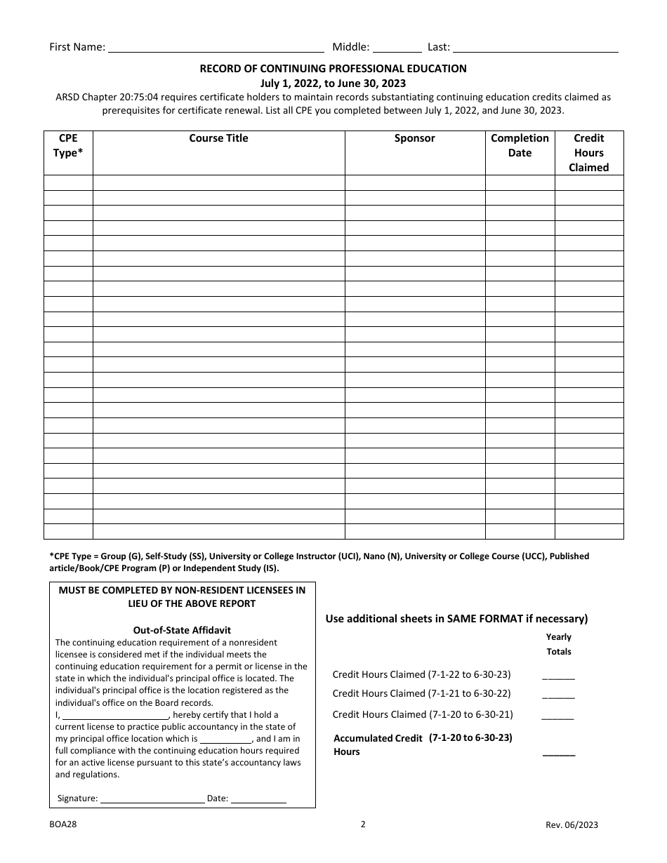Form BOA28 Active Certificate Renewal Application - South Dakota, Page 2